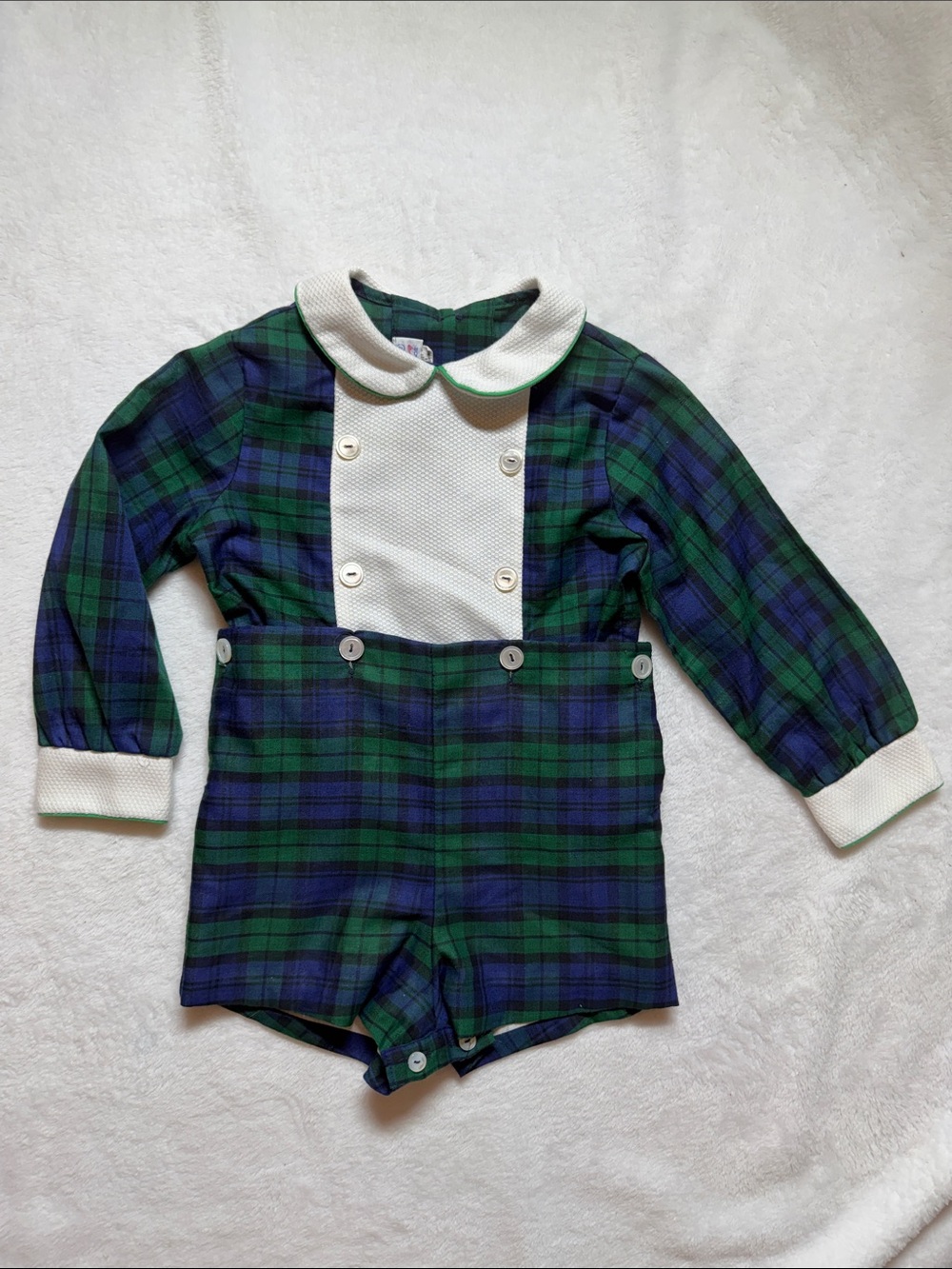 New Vintage Green and Navy Plaid button on Romper 2